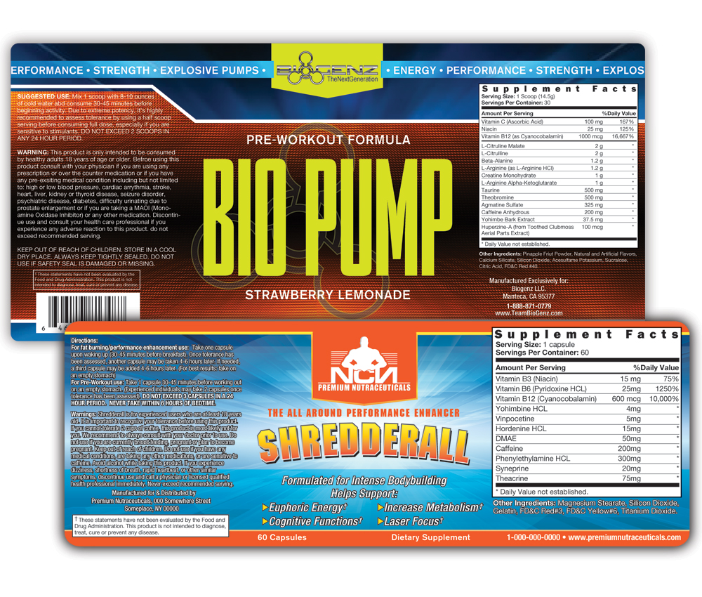 samples of dietary supplement labels for two workout formulas