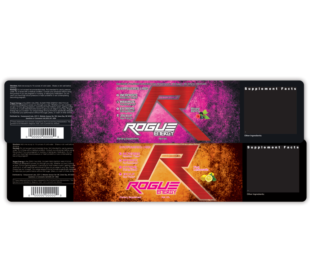 sample of a dietary supplement label - Rogue Energy - two flavors