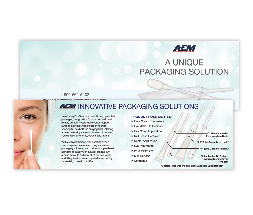 samples of a brochure for a unique packaging system to hold under eye serums