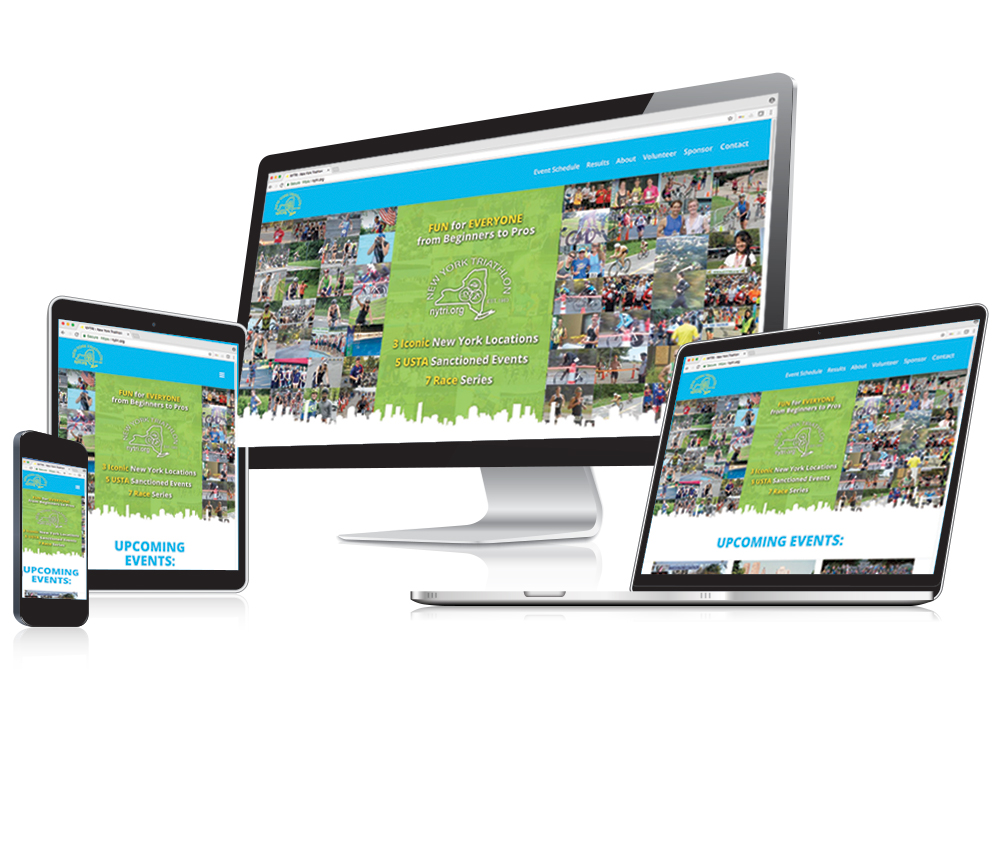 New York Triathlon (NYTRI) website redesign - shown on a website, tablet and mobile devices