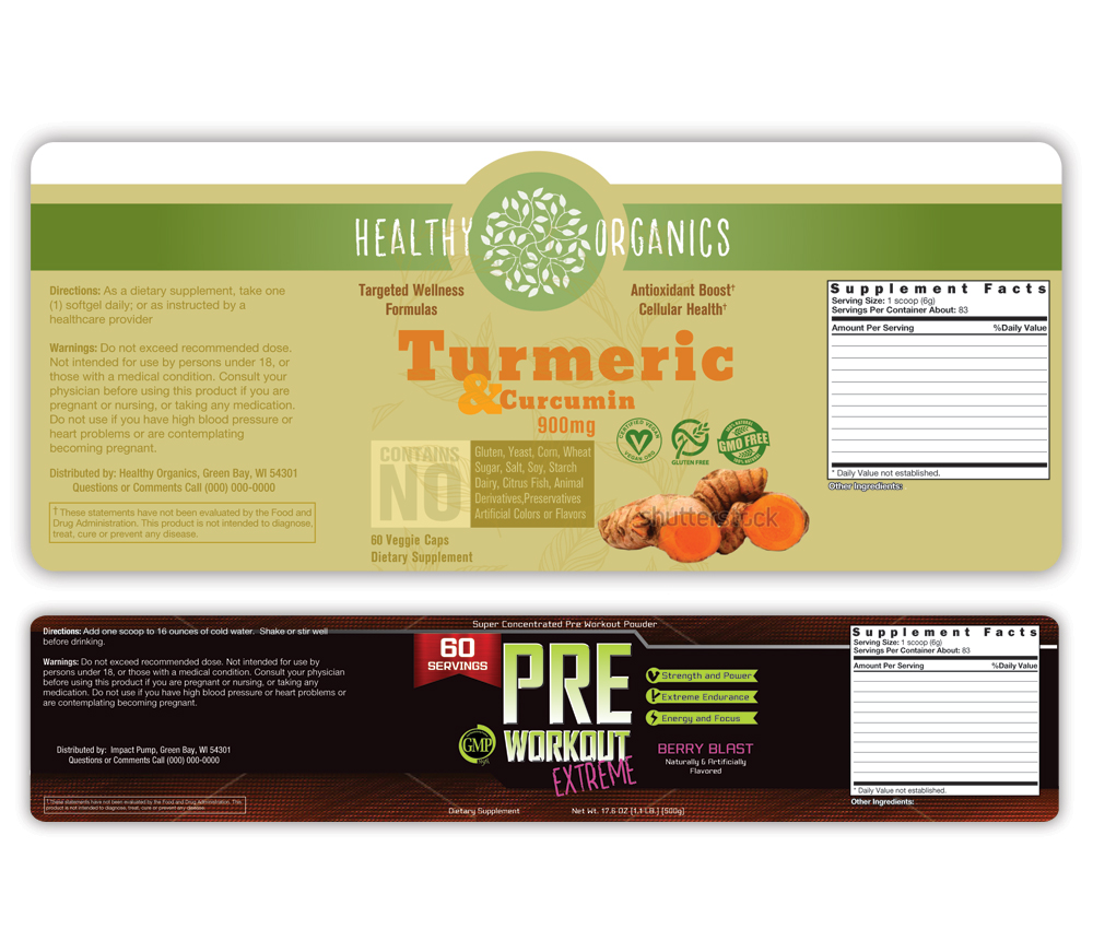 samples of two dietary supplement labels - Turmeric and a pre workout formula