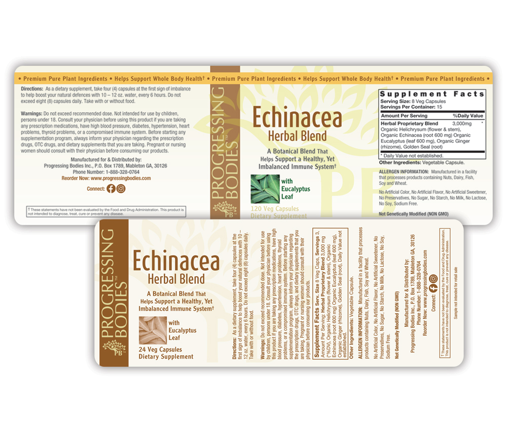 sample of dietary supplement labels for progressing bodies, echinacea herbal blend and a one color sample size label.