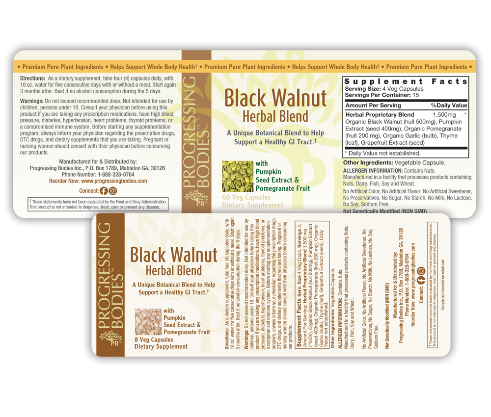 sample of dietary supplement labels for progressing bodies, black walnut herbal blend and a one color sample size label.
