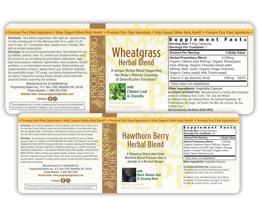 sample of dietary supplement labels for progressing bodies, wheatgrass herbal blend and hawthorn Berry Herbal Blend