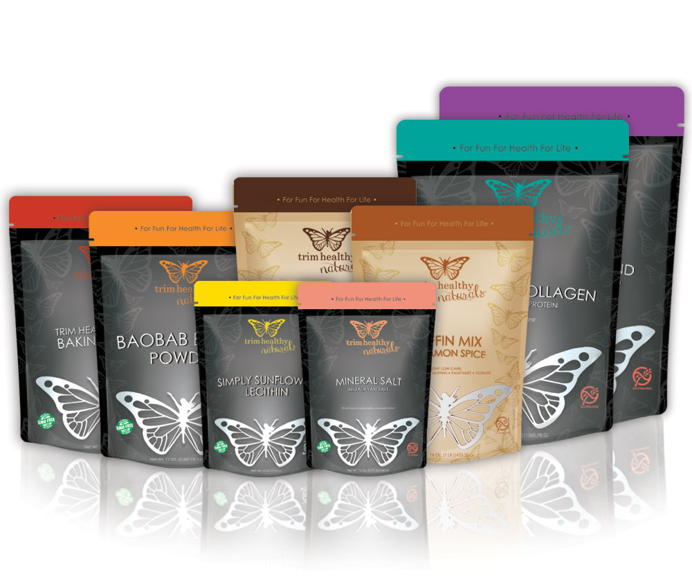 A grouping of Trim Healthy Mama’s natural product package designs samples