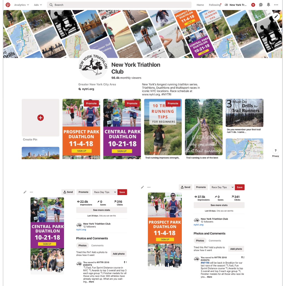 Examples of the New York Triathlon (NYTRI) Pintrest home page.