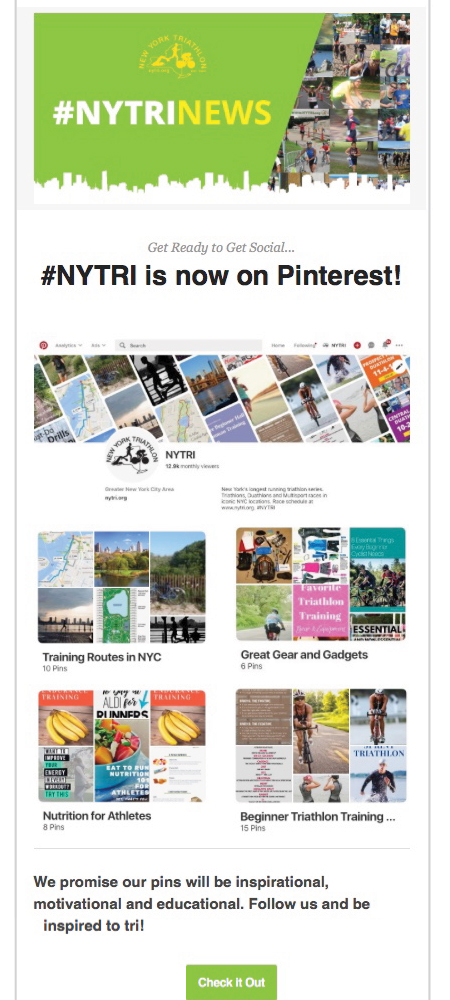 The email announcing the new New York Triathlon (NYTRI) Pintrest page