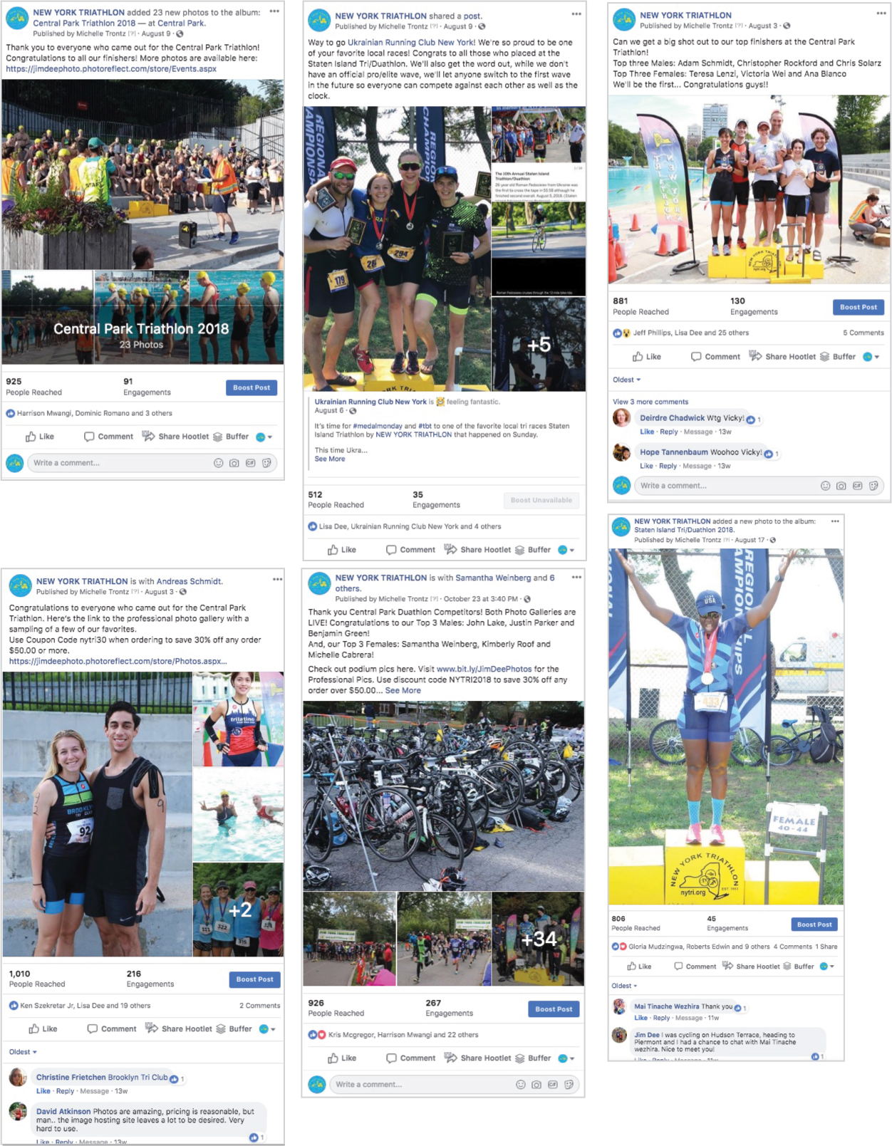 A series of six New York Triathlon (NYTRI) Facebook posts