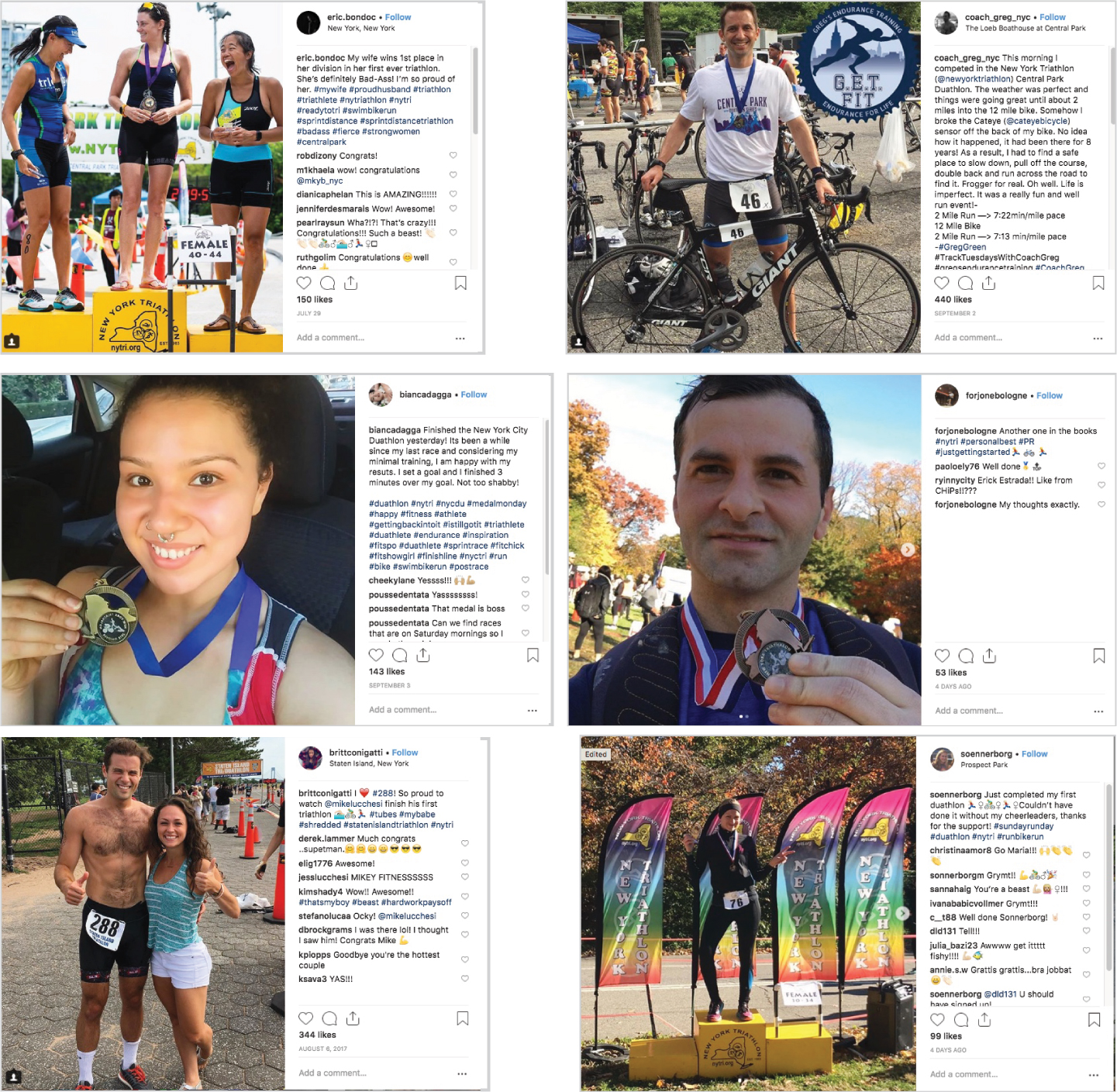 A series of six New York Triathlon (NYTRI) Instagram posts