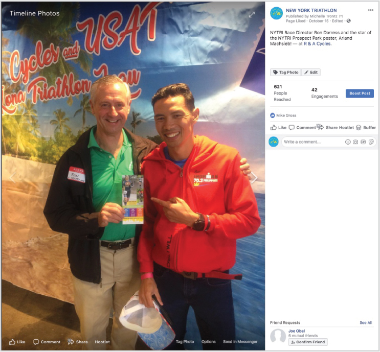 New York Triathlon (NYTRI) Facebook post with Race Director Ron Darress and NYTRI athlete