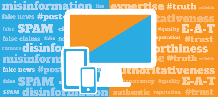 Illustrated computer, tablet and smartphone with two sets of words. One side is trust. The other is misinformation.